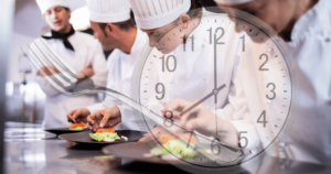 chefs in kitchen with a clock and a fork overlayed demonstrating every detail is important and every second counts.